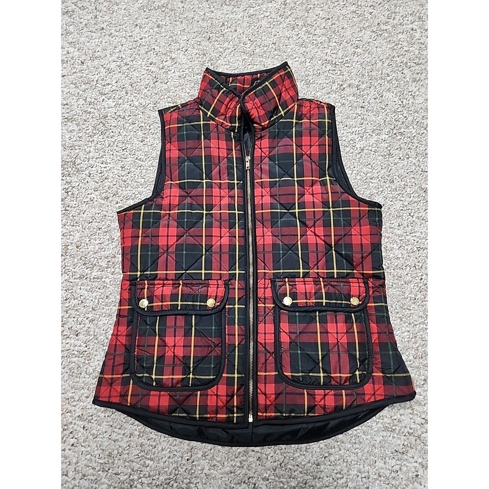 British Khaki Womens Red Tartan Plaid Quilted Puffer Vest Gold Snap Pockets M